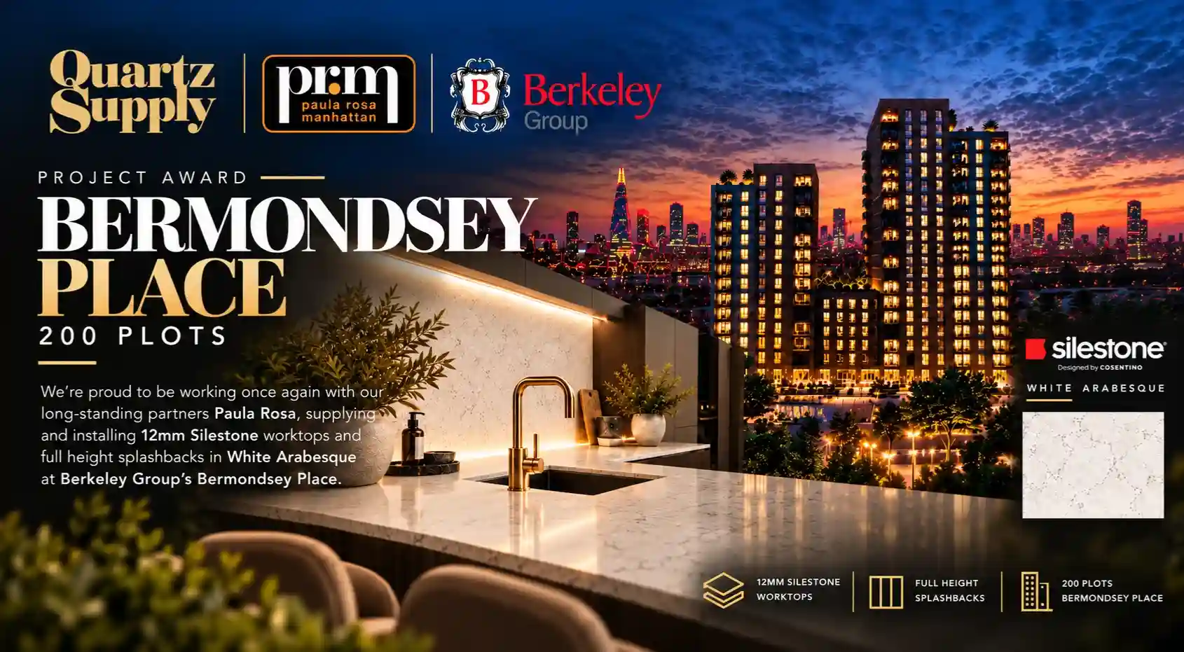 Quartz Supply UK Awarded 200-Plot Worktop Contract at Berkeley Group’s Bermondsey Place