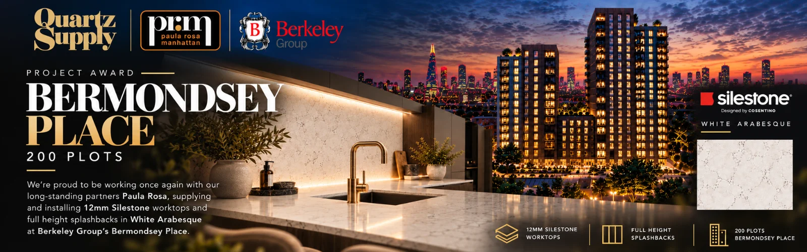 Quartz Supply UK Awarded 200-Plot Worktop Contract at Berkeley Group’s Bermondsey Place